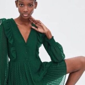 Zara TRF Collection Dress Hunter Green Women's XXL EUC Pleats Swiss Dot
